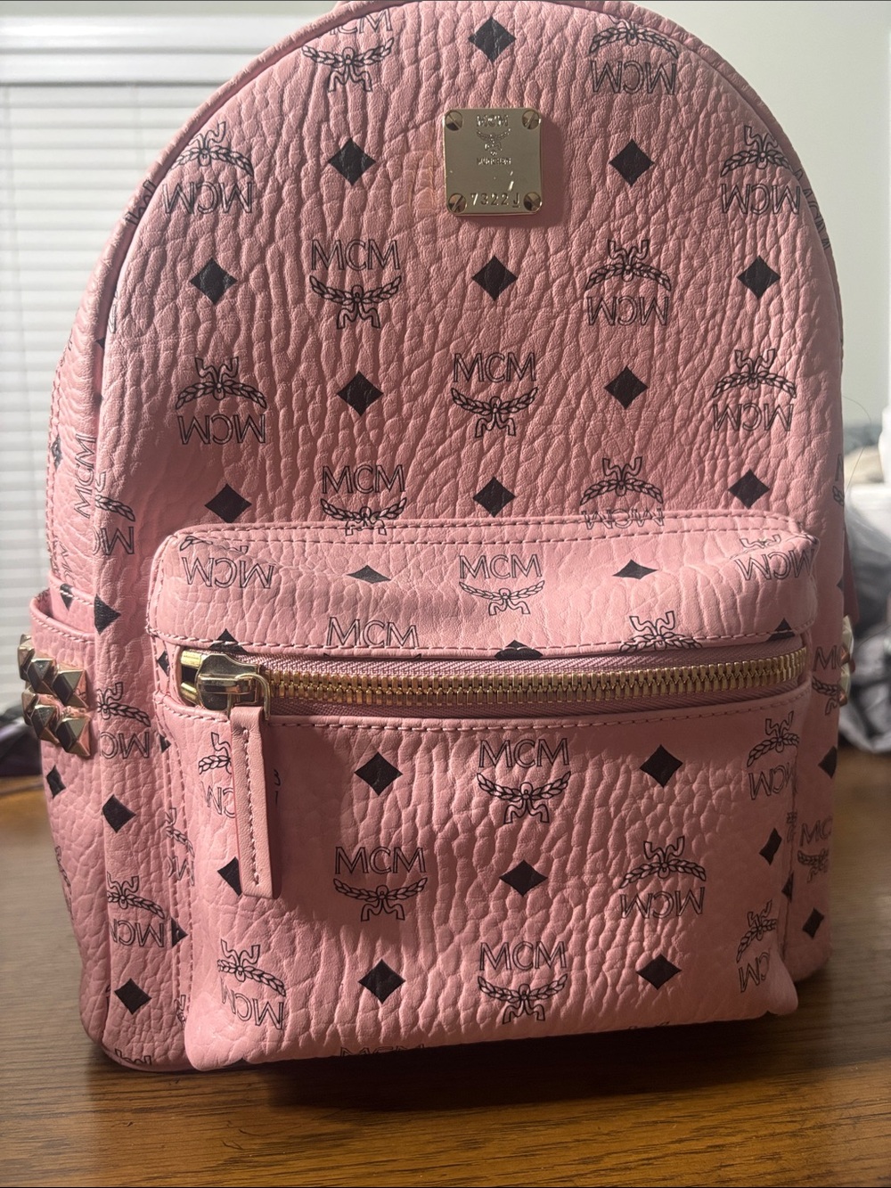 MCM Pink Logo Leather Mini Backpack with Gold Hardware